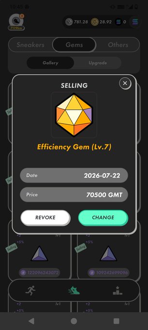 Mobile game screenshot showing a selling interface for an 'Efficiency Gem (Lv.7)' priced at 70500 GMT with date 2026-07-22, featuring REVOKE and CHANGE buttons in a Sneakers/Gems/Others marketplace.