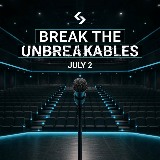 A microphone stands center stage in an empty auditorium, with promotional text reading "BREAK THE UNBREAKABLES - JULY 2" and a logo above, teasing an upcoming live speaking event scheduled for tomorrow at 11AM UTC.