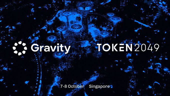 A dark blue promotional graphic for 'Gravity' at 'TOKEN2049' on 7-8 October in Singapore, featuring logos over a textured mechanical background.
