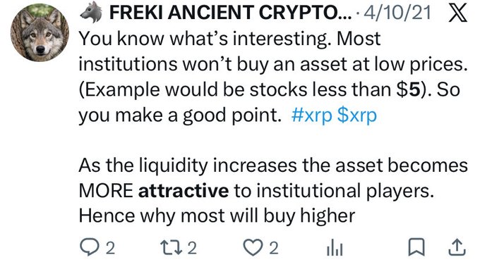 A tweet from FREKI ANCIENT CRYPTO dated 4/10/21 discussing institutional buying habits with hashtags #xrp $xrp, noting that institutions prefer buying assets at higher prices due to increased liquidity.