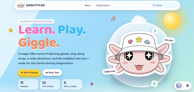 A bright, kid-friendly website screenshot for 'AXOLITTLES' with the tagline 'Learn. Play. Giggle.' featuring a cute axolotl mascot in a bubble and buttons to start playing or shop toys.