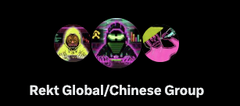 Three cartoon figures in a row above the text 'Rekt Global/Chinese Group' on a black background.