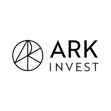 The image shows the ARK Invest logo, featuring a circular geometric icon alongside the text "ARK INVEST," which is referenced in the post as the company publicly challenging a16z's stance on blockchain adoption by institutions favoring DeFi over permissioned systems.