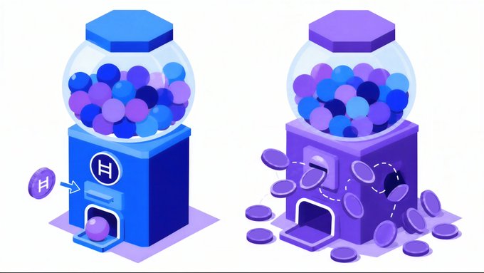 The image shows two gumball machines: a blue one neatly dispensing tokens with a fixed "H" price (like stable USD fees), versus a purple one where tokens spill chaotically outward—visually representing Hedera's predictable, stable transaction costs compared to volatile, unpredictable gas markets.