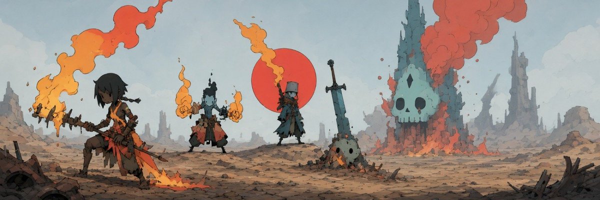 An illustrated fantasy artwork depicting three characters wielding flaming weapons in a desolate, post-apocalyptic landscape, with a large skull-adorned tower emitting red smoke and a red sun in the background.
