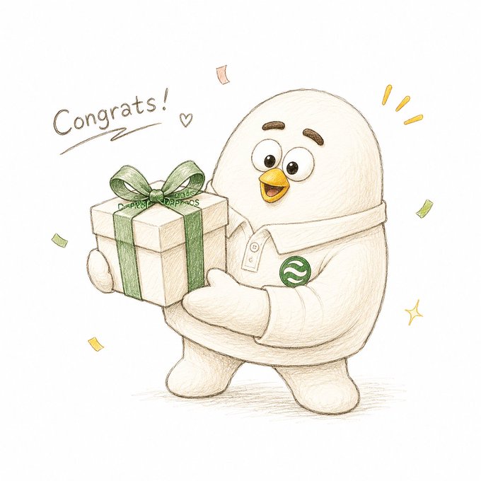 A pencil-style illustration of a round, white bird-like character holding a green gift box with the label 'DAPPOS' and the handwritten text 'Congrats!' beside it.