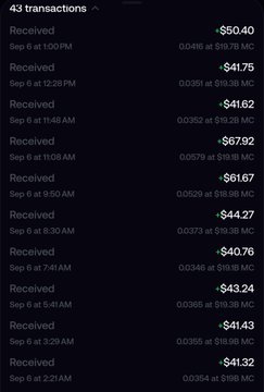 A dark-themed mobile app screen displays 43 received transactions, with amounts ranging from -$41.32 to +$67.92 in MC (likely a cryptocurrency ticker), timestamped between September 6 at 1:00 PM and 2:21 AM. The mixed positive and negative values visually represent the accumulation of "cash back coins" from various transaction activities.