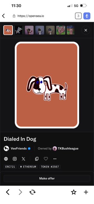 A mobile screenshot of the OpenSea NFT marketplace showing a 'Dialed In Dog' ERC721 token (#2567) from the VeeFriends collection on Ethereum.