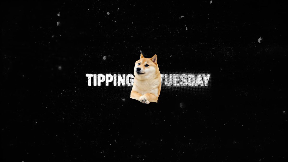 The image features a large, orange dog sitting in front of a black background with white text that reads "TIPPING TUESDAY". The dog appears to be looking directly at the camera, giving off an impression of being a cartoon character or meme. The overall layout and design of the image seem to be related to a social media post or advertisement promoting a specific hashtag or event on Twitter.