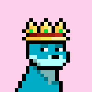 Pixel art portrait of a character with blue skin, black facial features, and a yellow crown with green gems on a pink background.