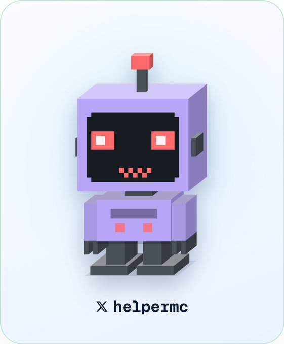 A 3D voxel-style purple robot with red eyes and an antenna, labeled 'X helpermc' below it on a light background.