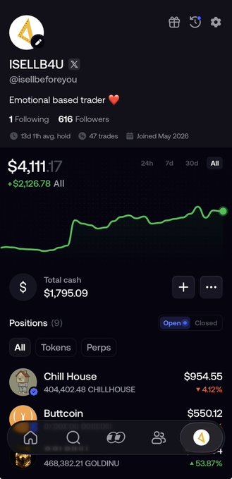Screenshot of a crypto trading profile (ISELLB4U) on what appears to be Axiom.trade, showing a portfolio value of $4,111.17 (+$2,126.78 all-time), with 9 open positions including Chill House ($954.55), Buttcoin ($550.12), and GOLDINU (+53.87%), humorously responding to "any coins?" by showcasing their meme coin portfolio.