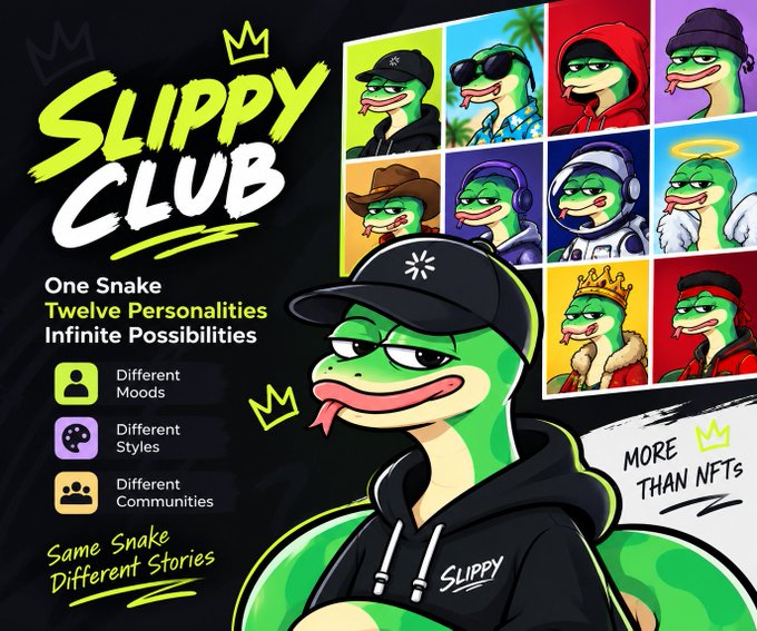 Promotional artwork for 'Slippy Club' advertises 'One Snake, Twelve Personalities, Infinite Possibilities' with a grid of cartoon frog characters wearing various outfits like sunglasses, hoodies, and angel wings.