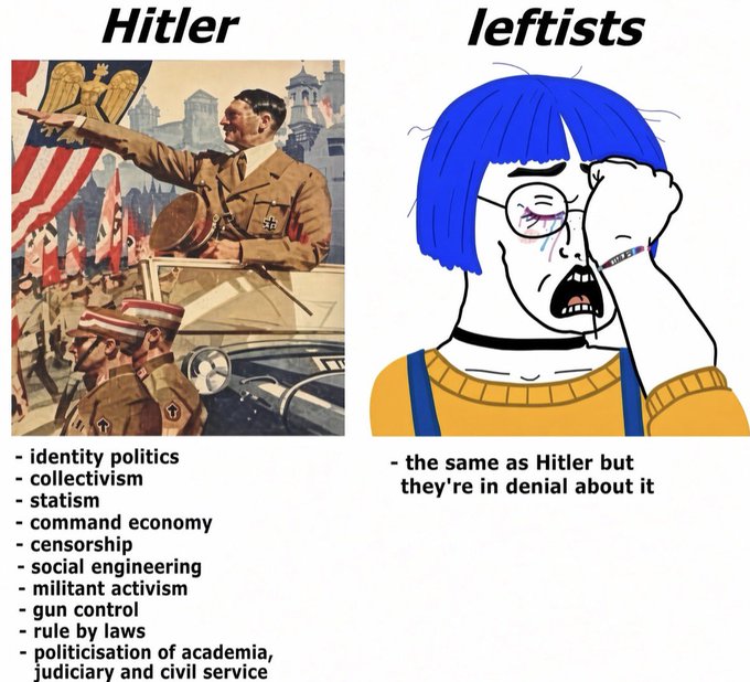 This meme divides ideologies into "Hitler" and "leftists," listing perceived similarities between Hitler's policies and leftist ideologies. The text on the left lists terms like "identity politics" and "censorship" under "Hitler," while the right side states "leftists" are "the same as Hitler but they're in denial about it."