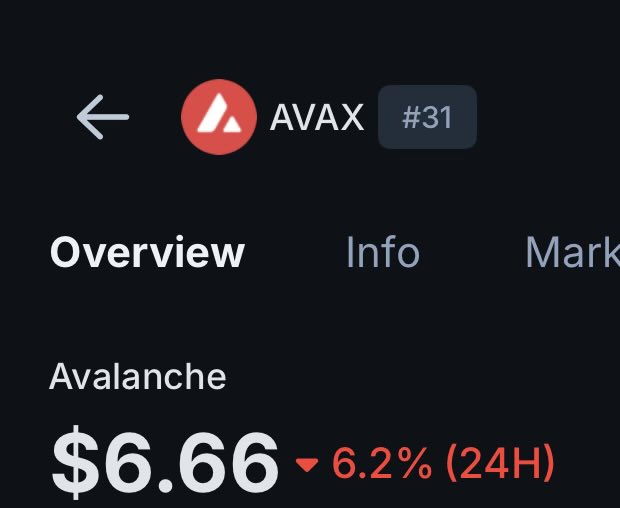 The image shows a screenshot of a cell phone displaying the current value of the $AVAX cryptocurrency, which has fallen by 6.6%. The price of $AVAX was once set at $6.66 per token (THH) but is now priced at $6.56 per token due to market fluctuations.