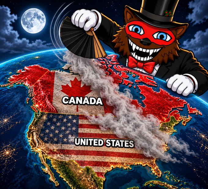 A meme-style image showing a cartoon fox in a top hat and red mask appearing to split Canada from the United States on a map of North America, with the moon in the background.