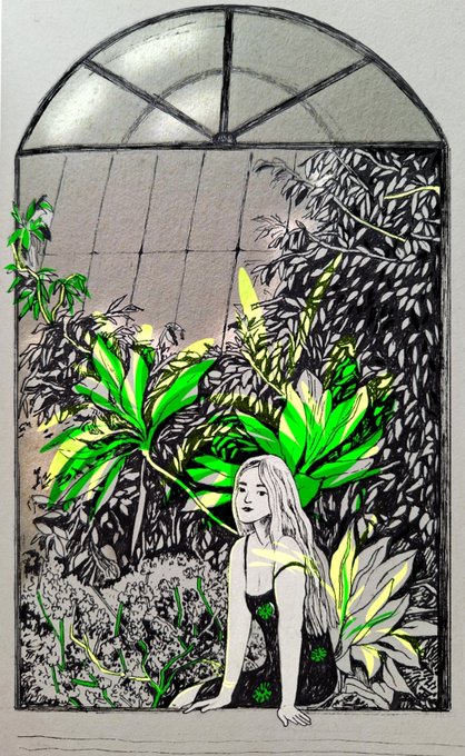 An illustration of a long-haired girl sitting among lush green tropical plants viewed through an arched window frame, with selective green highlights against a black-and-white sketch.