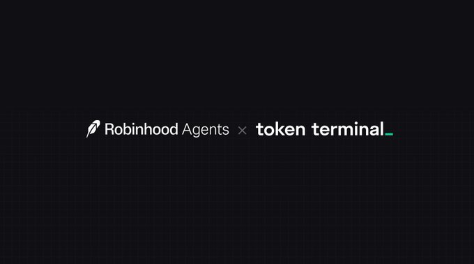 A promotional graphic showing 'Robinhood Agents x token terminal' partnership on a black background.