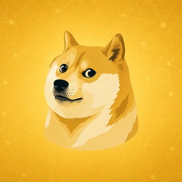 A stylized illustration of a Shiba Inu/Doge against a bright yellow background. It visually accompanies the post about MyDoge, DogeOS, Such App, and Dogecoin Labs partnering with the Dogecoin Foundation to build the DOGE payment and app economy.