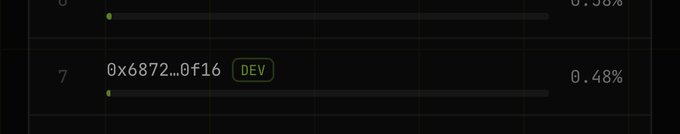A dark interface displays progress bars with text including '0x6872...0f16', a green 'DEV' badge, and percentages '0.38%' and '0.48%'.