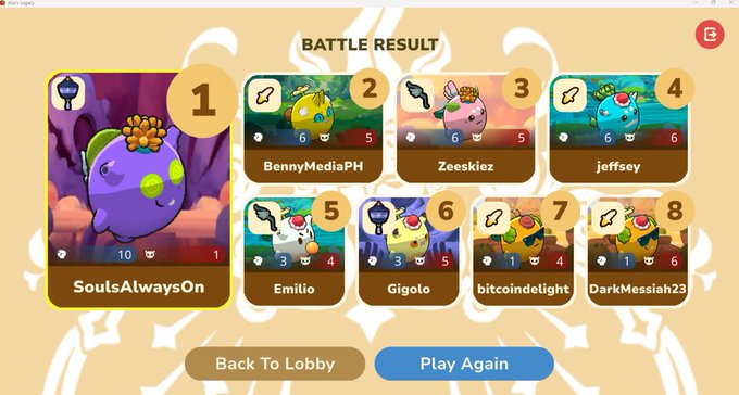 A 'Battle Result' screen from a video game showing eight players ranked, with 'SoulsAlwaysOn' in 1st place with a score of 10-1.