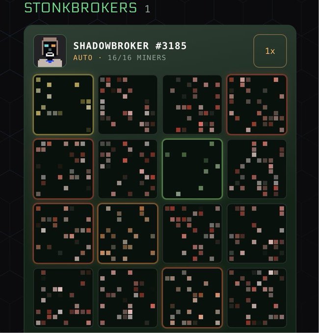 A 'STONKBROKERS' digital collection display showing 'SHADOWBROKER #3185' with 'AUTO - 16/16 MINERS' and a grid of pixelated items.
