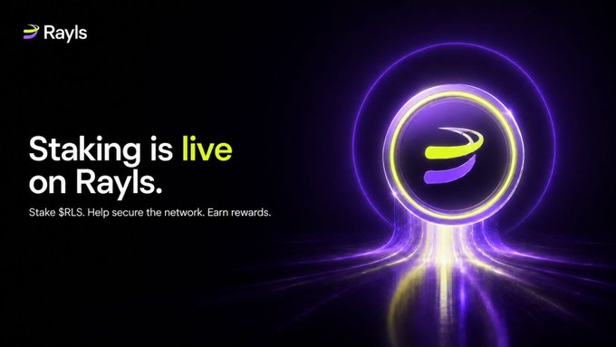 The promotional image announces, “Staking is live on Rayls,” with the text: “Stake $RLS. Help secure the network. Earn rewards.” It features a glowing Rayls token emblem, reinforcing that $RLS delegation and staking rewards are now available on the Rayls Public Chain.