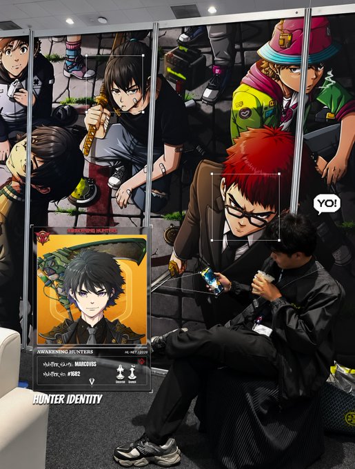 An anime-style image titled 'HUNTER IDENTITY' showing characters from a hunter-themed collection, with a featured 'Awakening Hunters' card for a character named 'Marcos'.