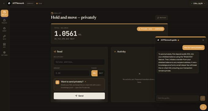 The image shows the AllNetwork console interface for a Solana wallet displaying a balance of 1.0561 SOL ($182,299,041 SATT), with a Send panel and an AI assistant chatbot on the right explaining how to send private transfers using a "Shield SOL" function. The accompanying caption highlights the AI agent's role in guiding users through shielding SOL, sending private transfers, and managing API keys—directly reflecting the chatbot's "How do I send privately?" prompt visible in the interface.