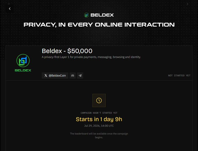 A dark promotional screen for a cryptocurrency token showing 'BELDEX' with the headline 'PRIVACY, IN EVERY ONLINE INTERACTION', listing 'Beldex - $50,000' and noting 'CAMPAIGN HASN'T STARTED YET' with a countdown of 'Starts in 1 day 9h' on 'Jul 29, 2026, 14:00 UTC'.