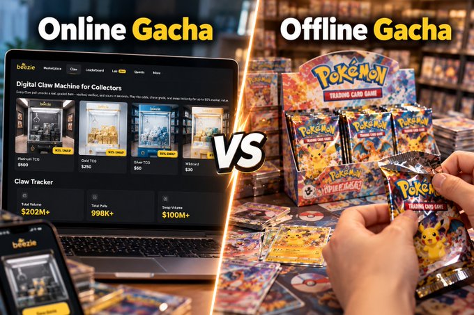 A comparison graphic showing 'Online Gacha' (displaying a digital claw machine website for collectors) versus 'Offline Gacha' (showing physical Pokémon Trading Card Game booster packs being opened).