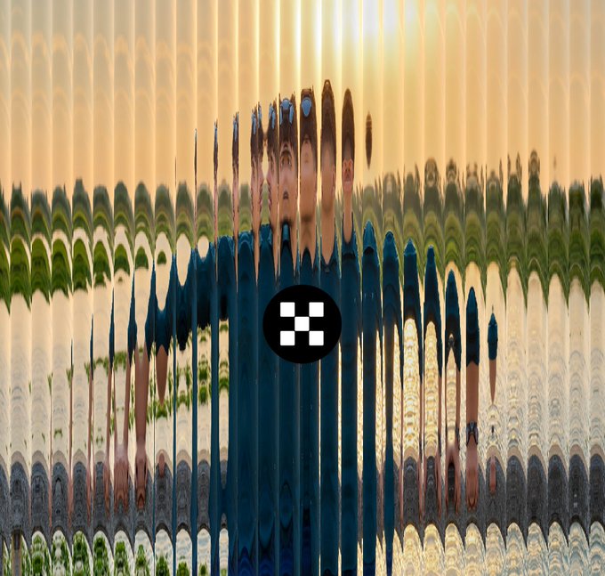 A heavily distorted, glitch-art image of a person with a black circular logo containing a white pixelated symbol overlaid in the center.