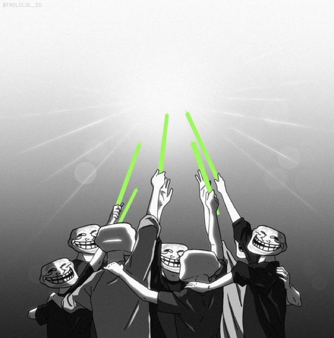 A grayscale digital illustration of figures with troll-face masks raising green lightsabers toward a bright light source, credited to @TROLOLOL_TD.