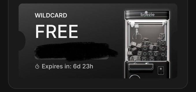 A dark-themed promotional graphic for 'beezie' displaying a 'WILDCARD FREE' offer (with the code blacked out) expiring in 6d 23h, alongside an illustration of a machine dispensing tokens.