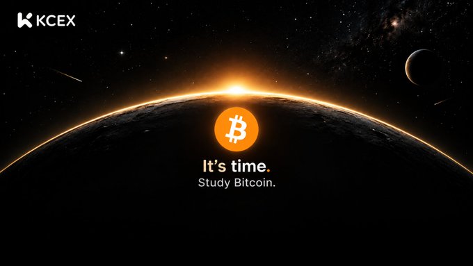 A dark space-themed promotional image from KCEX featuring a Bitcoin logo over a planet's horizon with the text 'It's time. Study Bitcoin.'