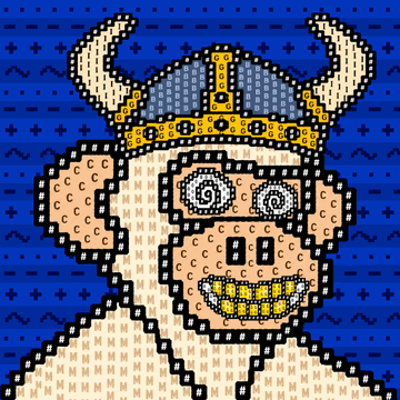 A pixel art illustration of a monkey wearing a Viking helmet with horns against a blue patterned background.