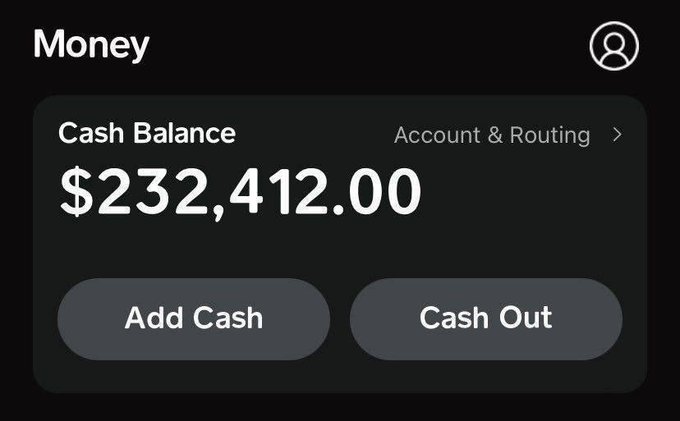 A screenshot displays a "Money" app showing a "Cash Balance" of $232,412.00, with "Add Cash" and "Cash Out" buttons, likely used to falsely suggest a crypto giveaway winner's earnings to promote the "$150 Solana Giveaway" requiring participants to follow @useLienFi and share their $SOL address.