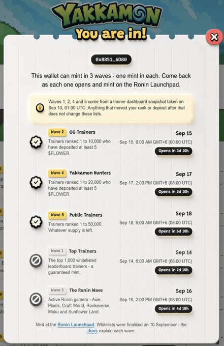 A Yakkamon "You are in!" eligibility popup for wallet 0x8851_6D80 displays a 5-wave mint schedule on the Ronin Launchpad, starting Sept 14 with Wave 1 "Top Trainers" (top 1,000 leaderboard whitelisters) and continuing through Waves 2-5 for OG Trainers, Yakkamon Hunters, The Ronin Wave, and Public Trainers, each with specific $FLOWER deposit or rank requirements. The image visually confirms the post's announcement by showing the eligibility waves and mint timeline for the free Yakkamon Genesis NFT drop.