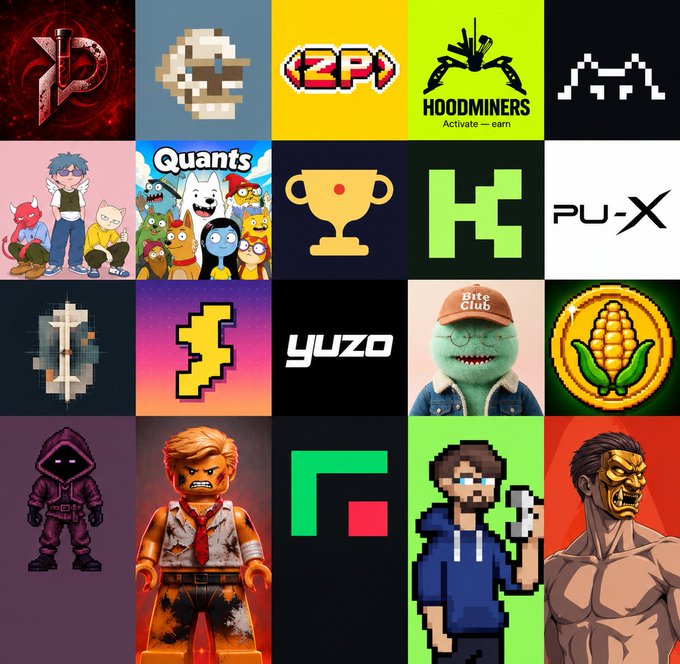 A collage of various NFT project logos and artwork features the "HoodMiners" branding with the tagline "Activate—earn," along with recognizable designs including "PU-X," "Quants," "yuzo," "Bite Club," and pixel-art characters. The image ties into the accompanying NFT mints list by showcasing the "HoodMiners @hoodminers_rh" project among other notable Web3 collections scheduled for September 15.