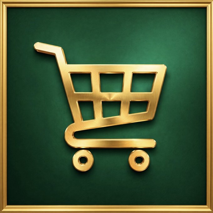 A golden shopping cart icon sits within an ornate gold frame against a deep green background, symbolizing the shopping and savings aspect of "AllThe.markets" platform that promises users lower platform fees of 1.321% for spending less and making more across all markets.