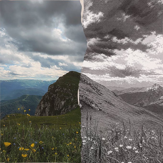 A split-image showing a colorful mountain landscape with wildflowers on the left and a black-and-white, textured version of the same scene on the right.