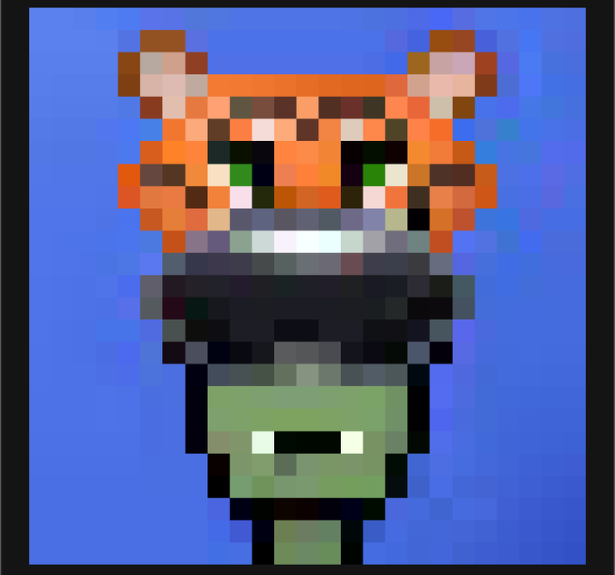 This pixelated NFT, depicting a green character wearing a tiger mask and VR goggles, is the prize in a giveaway for @Unclemac's Mineboy NFT, with entries earned by sweeping @TypicalTigerNFTs on @ApeChainHUB.