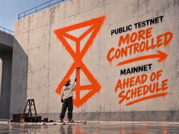 A person spray-paints an orange geometric logo on a concrete wall, with text reading "PUBLIC TESTNET MORE CONTROLLED" and "MAINNET AHEAD OF SCHEDULE."