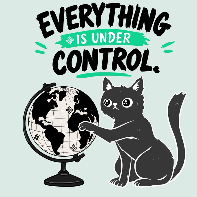 An illustration of a black cat with wide eyes touching a globe, accompanied by the ironic text 'EVERYTHING IS UNDER CONTROL' on a light green background.