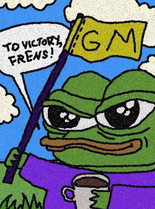 The image features Pepe the Frog dressed as a protester, holding a yellow "GM" flag and declaring "TO VICTORY, FRENS!" in a speech bubble, while clutching a coffee mug. The cartoon ties into the post's message by using Pepe's signature slang ("frens") and triumphant tone to rally retail investors to push GM stock toward victory.