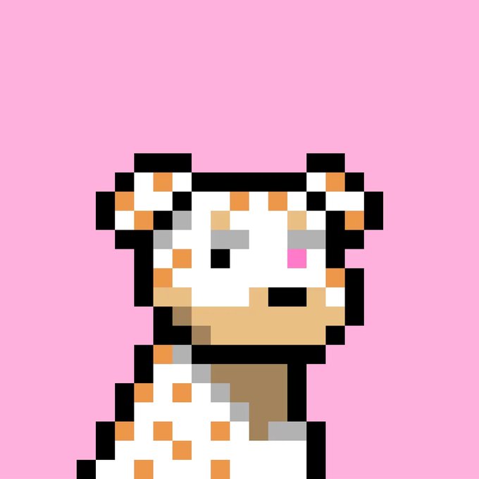 A pixel art illustration of an orange and white tiger-like character with a pink nose on a solid pink background.