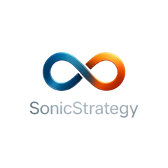 The image shows the SonicStrategy logo—a stylized blue-to-orange infinity symbol—above the brand name "SonicStrategy." It serves as the company's visual identity in the announcement of its first treasury purchase of 500,000 $SYN tokens (~$115K) from Synapse Protocol, an options protocol on Hyperliquid.