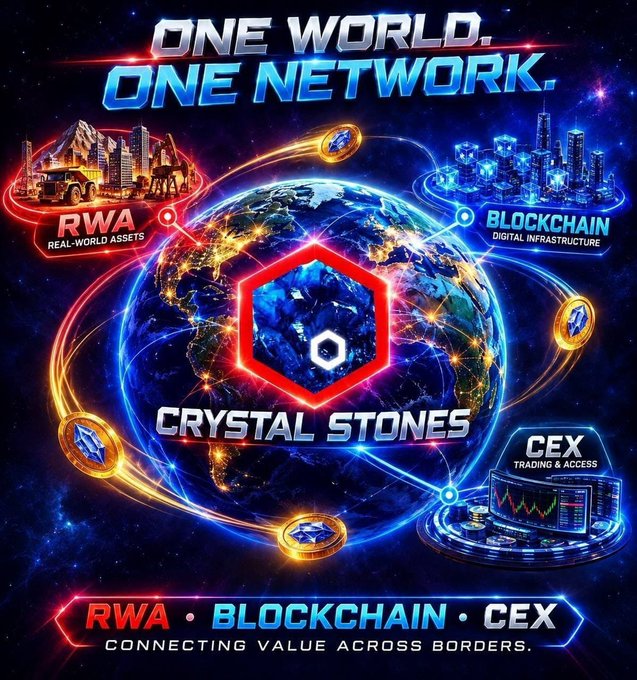 The image is a vibrant promotional graphic for "Crystal Stones," featuring a central blue gem inside a red hexagon set against a glowing Earth, surrounded by icons representing "RWA Real-World Assets," "Blockchain Digital Infrastructure," and "CEX Trading & Access." Bold text at the top reads "ONE WORLD. ONE NETWORK." while the bottom emphasizes "RWA • BLOCKCHAIN • CEX Connecting Value Across Borders," visually reinforcing the post's message about tokenizing physical commodities on the BNB Smart Chain.