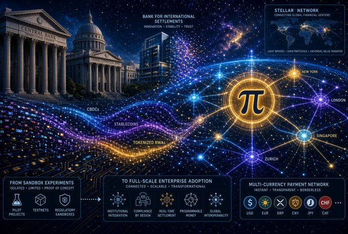 A digital infographic about the 'Bank for International Settlements' featuring a central Pi symbol connected to global financial centers, with text including 'Stellar Network', 'CBDCs', 'Stablecoins', and 'Tokenized RWAs'.