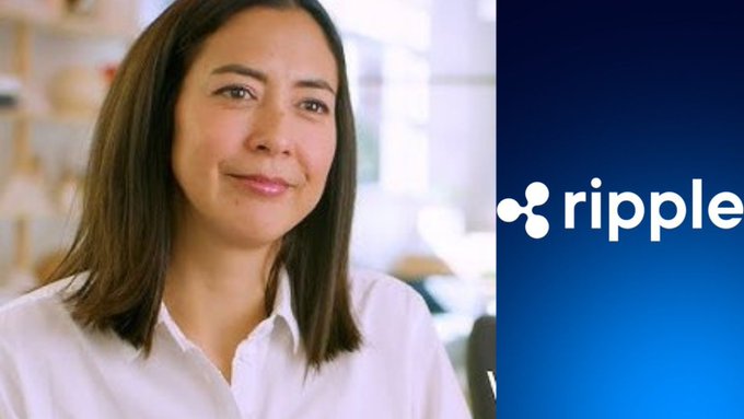 The image features Monica Long, a Ripple executive, smiling in a white shirt alongside the Ripple logo. The pairing visually reinforces her message about Ripple's mission to bridge traditional banking with blockchain technology.